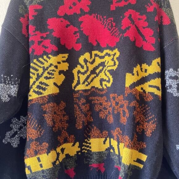 Vintage 80s‎ Abstract Leaf Graphic Knit Sweater Black Multicolor Size Medium - Picture 2 of 6